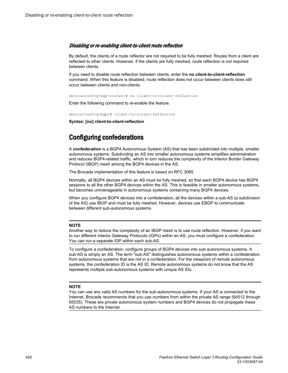 Configuring confederations | Brocade FastIron Ethernet Switch Layer 3 Routing Configuration Guide User Manual | Page 426 / 672