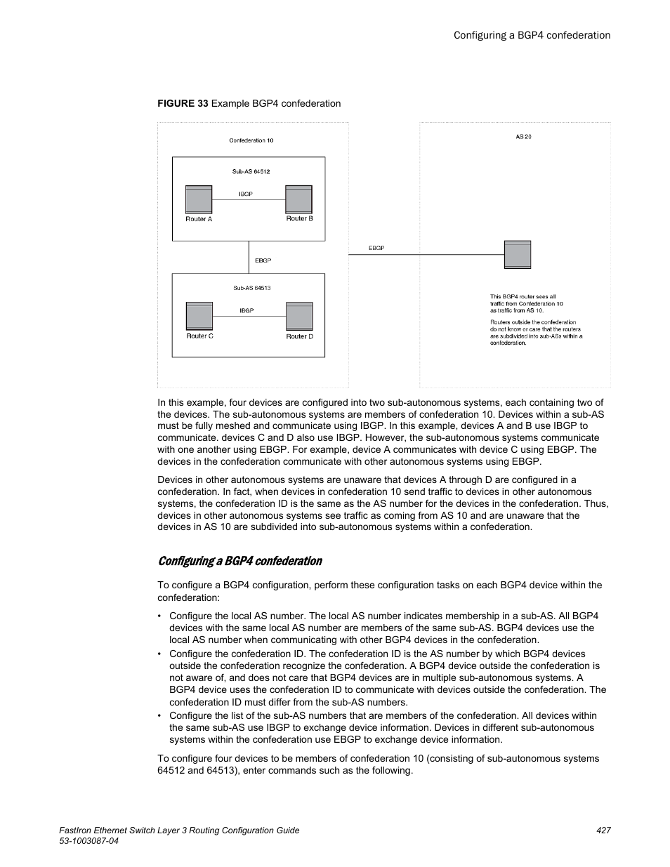 Configuring a bgp4 confederation | Brocade FastIron Ethernet Switch Layer 3 Routing Configuration Guide User Manual | Page 427 / 672