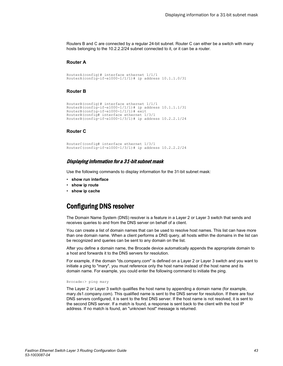 Displaying information for a 31-bit subnet mask, Configuring dns resolver | Brocade FastIron Ethernet Switch Layer 3 Routing Configuration Guide User Manual | Page 43 / 672