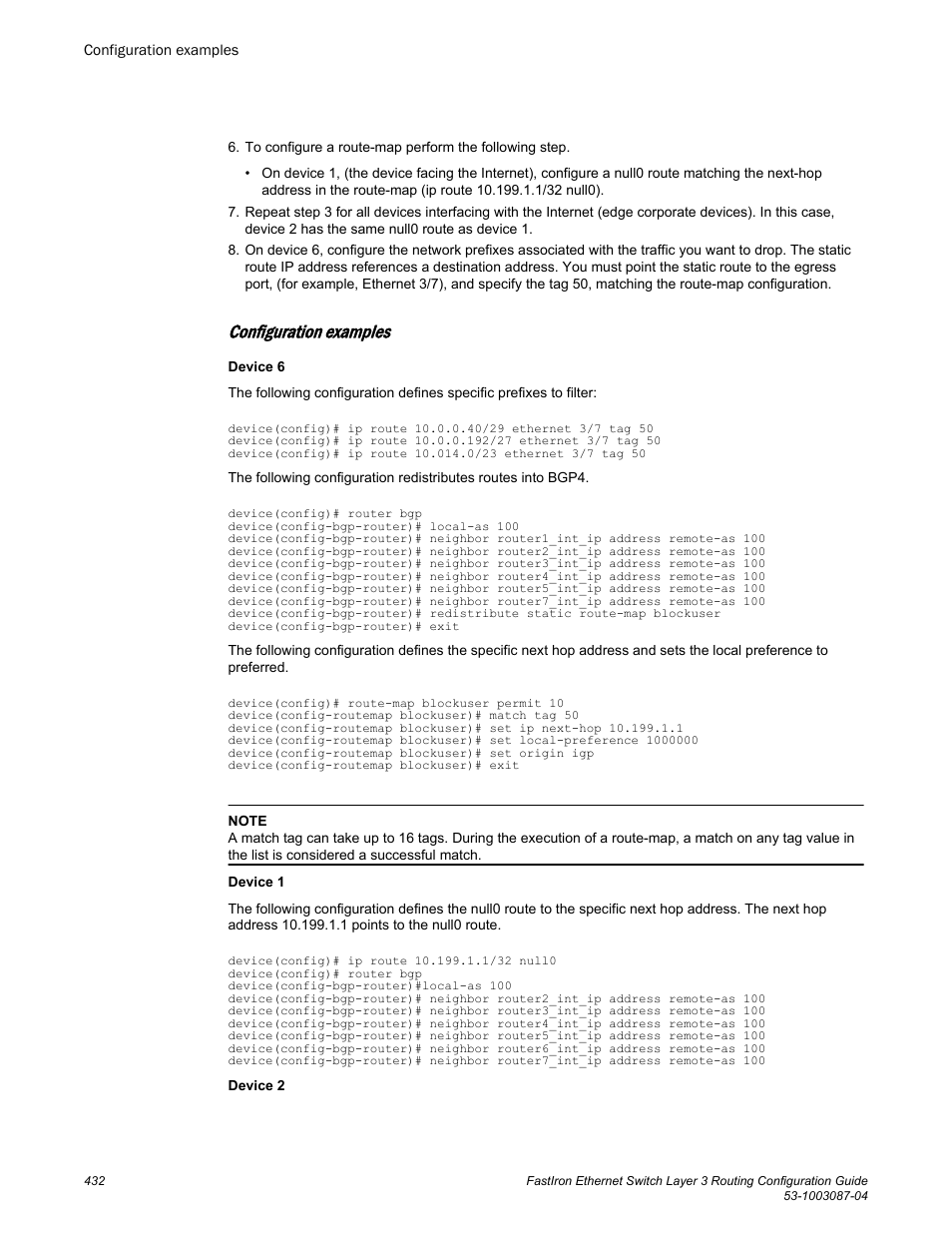 Configuration examples | Brocade FastIron Ethernet Switch Layer 3 Routing Configuration Guide User Manual | Page 432 / 672