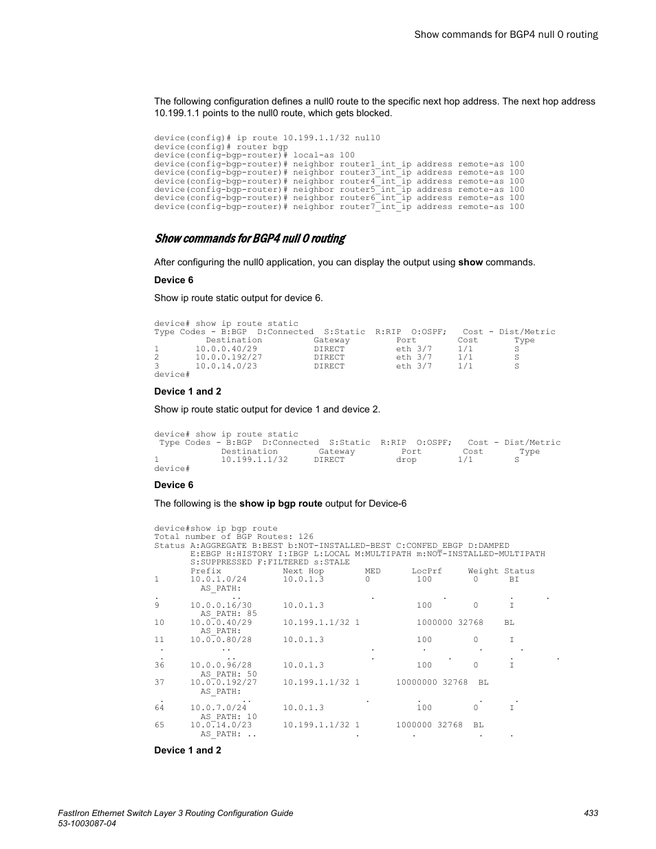 Show commands for bgp4 null 0 routing | Brocade FastIron Ethernet Switch Layer 3 Routing Configuration Guide User Manual | Page 433 / 672