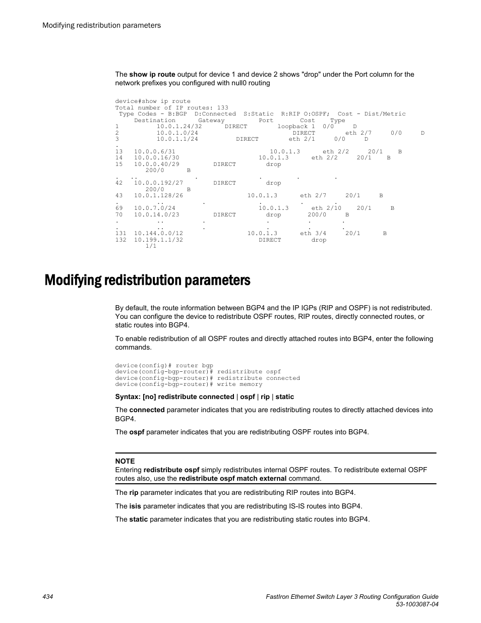 Modifying redistribution parameters | Brocade FastIron Ethernet Switch Layer 3 Routing Configuration Guide User Manual | Page 434 / 672