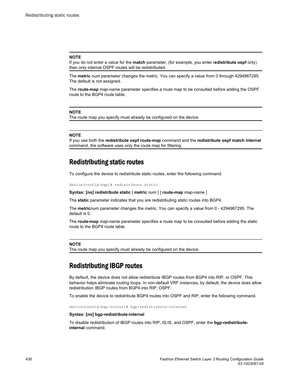 Redistributing static routes, Redistributing ibgp routes | Brocade FastIron Ethernet Switch Layer 3 Routing Configuration Guide User Manual | Page 436 / 672