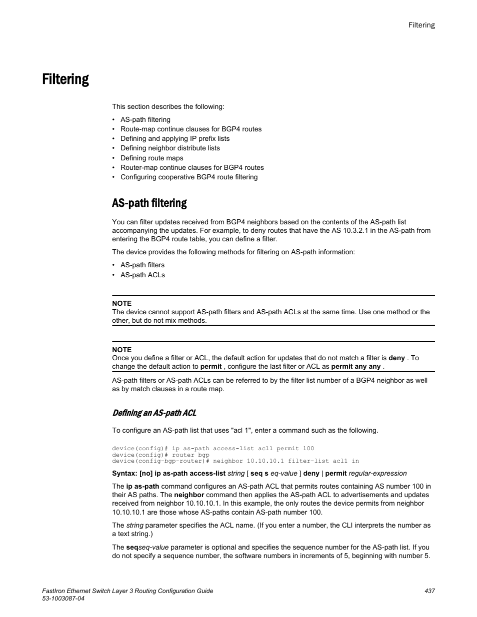 Filtering, As-path filtering, Defining an as-path acl | Brocade FastIron Ethernet Switch Layer 3 Routing Configuration Guide User Manual | Page 437 / 672