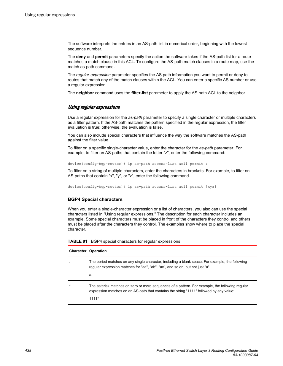 Using regular expressions | Brocade FastIron Ethernet Switch Layer 3 Routing Configuration Guide User Manual | Page 438 / 672