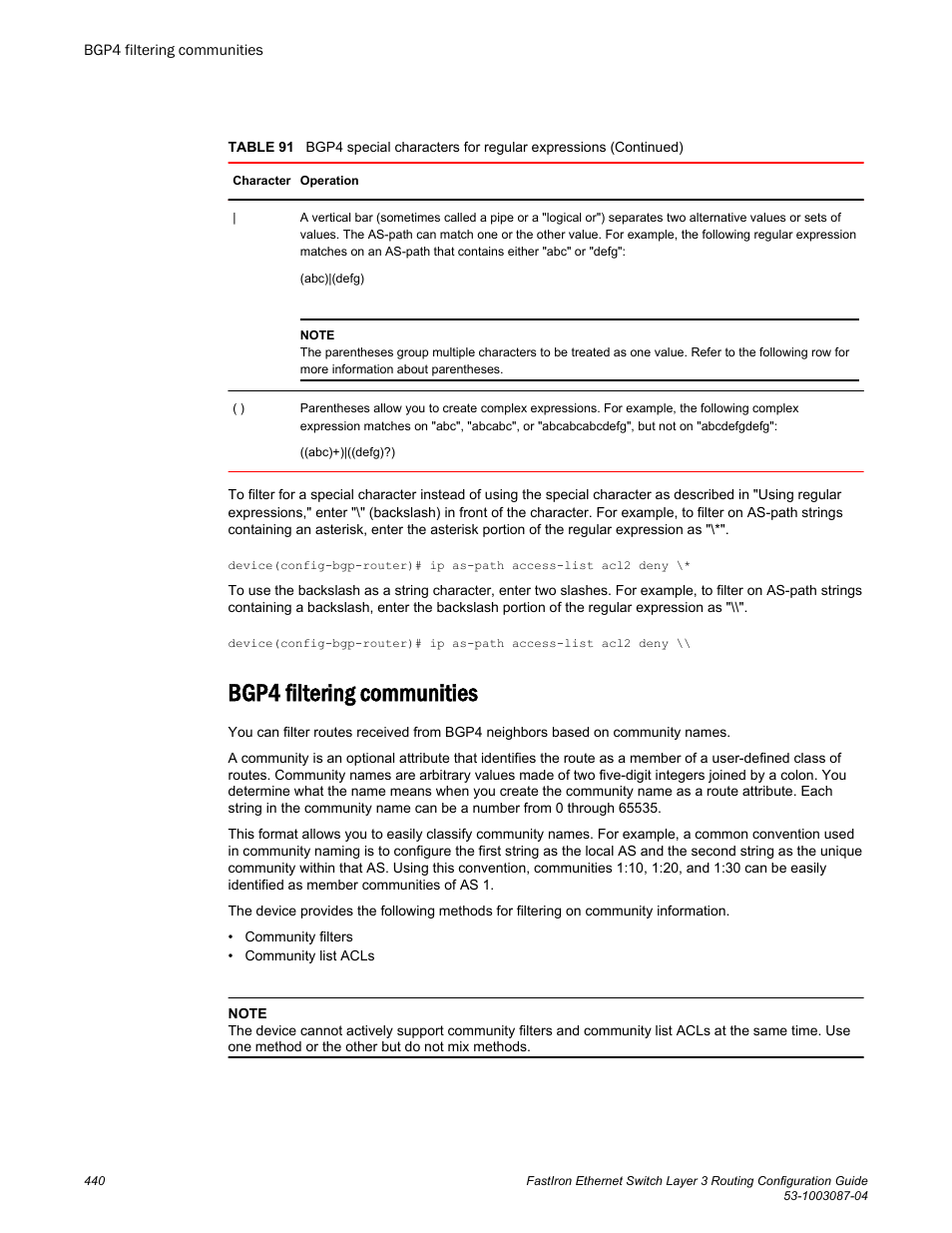 Bgp4 filtering communities | Brocade FastIron Ethernet Switch Layer 3 Routing Configuration Guide User Manual | Page 440 / 672