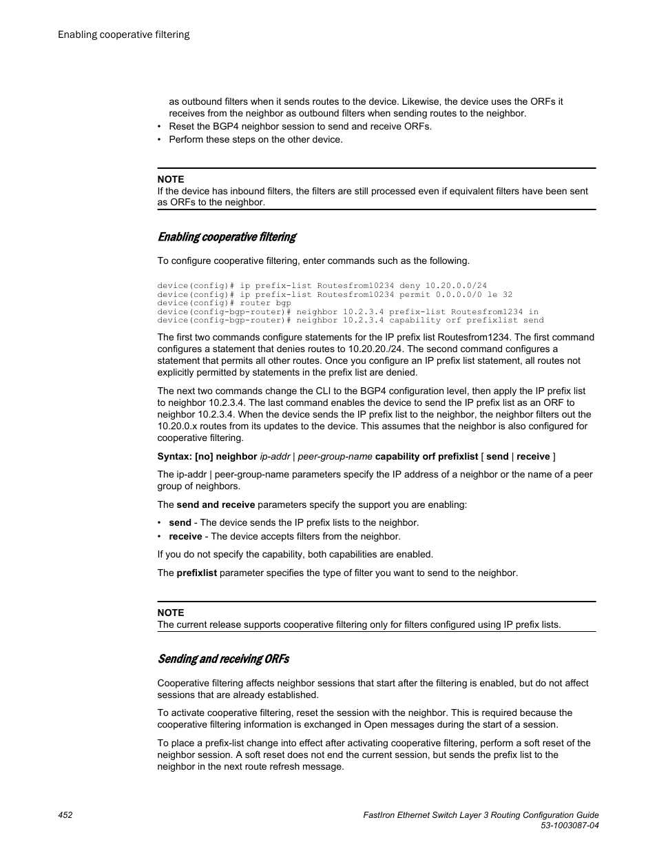 Enabling cooperative filtering, Sending and receiving orfs | Brocade FastIron Ethernet Switch Layer 3 Routing Configuration Guide User Manual | Page 452 / 672