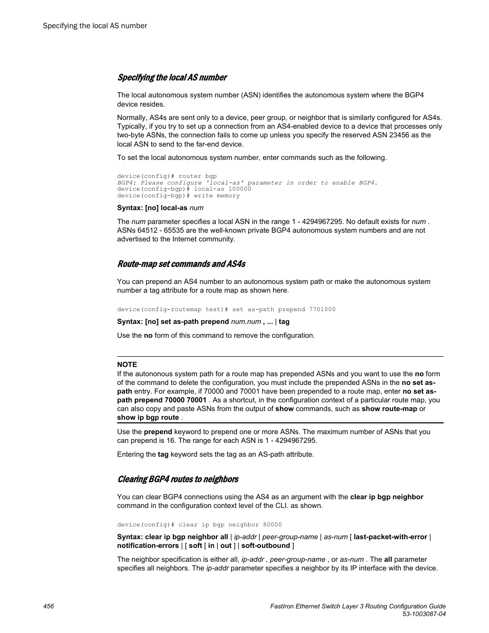 Specifying the local as number, Route-map set commands and as4s, Clearing bgp4 routes to neighbors | Brocade FastIron Ethernet Switch Layer 3 Routing Configuration Guide User Manual | Page 456 / 672