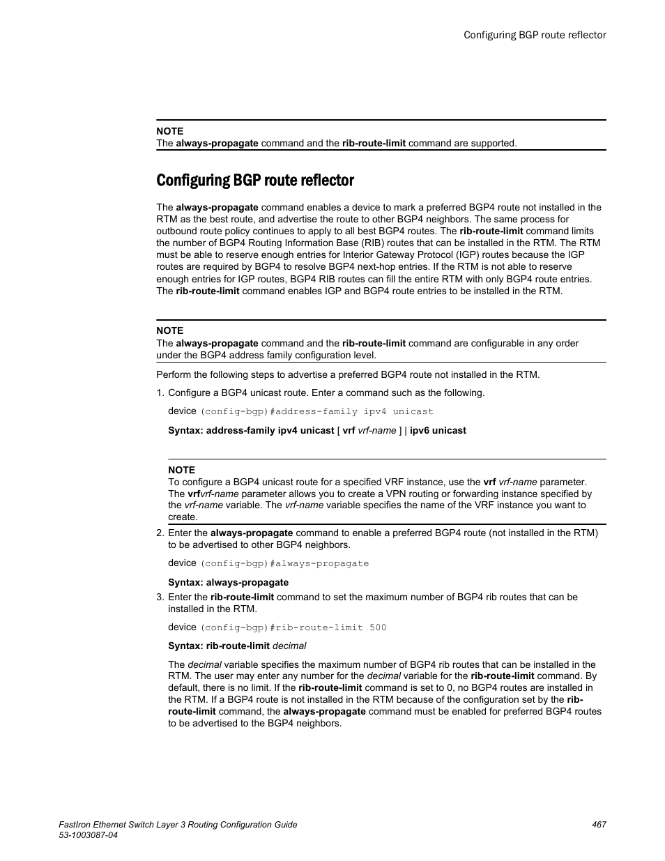 Configuring bgp route reflector | Brocade FastIron Ethernet Switch Layer 3 Routing Configuration Guide User Manual | Page 467 / 672