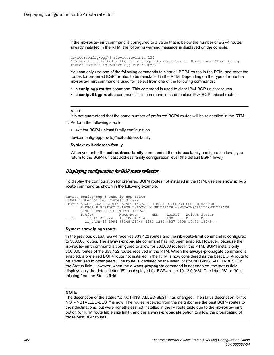 Displaying configuration for bgp route reflector | Brocade FastIron Ethernet Switch Layer 3 Routing Configuration Guide User Manual | Page 468 / 672