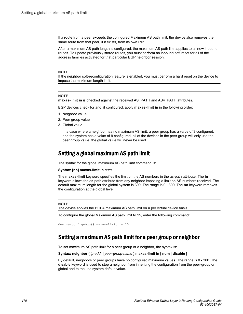 Setting a global maximum as path limit | Brocade FastIron Ethernet Switch Layer 3 Routing Configuration Guide User Manual | Page 470 / 672