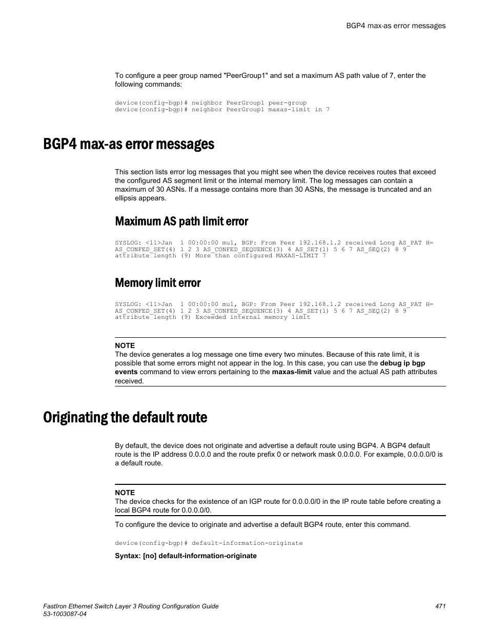 Bgp4 max-as error messages, Originating the default route, Maximum as path limit error | Brocade FastIron Ethernet Switch Layer 3 Routing Configuration Guide User Manual | Page 471 / 672
