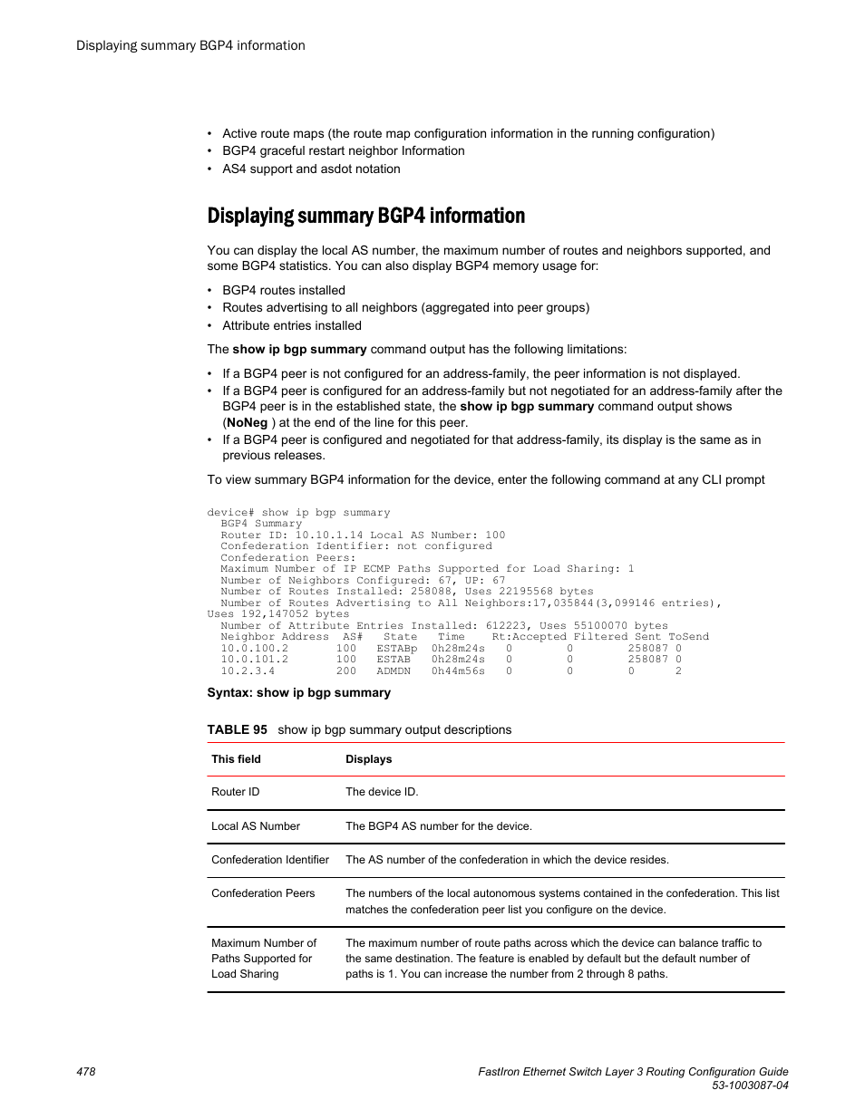 Displaying summary bgp4 information | Brocade FastIron Ethernet Switch Layer 3 Routing Configuration Guide User Manual | Page 478 / 672