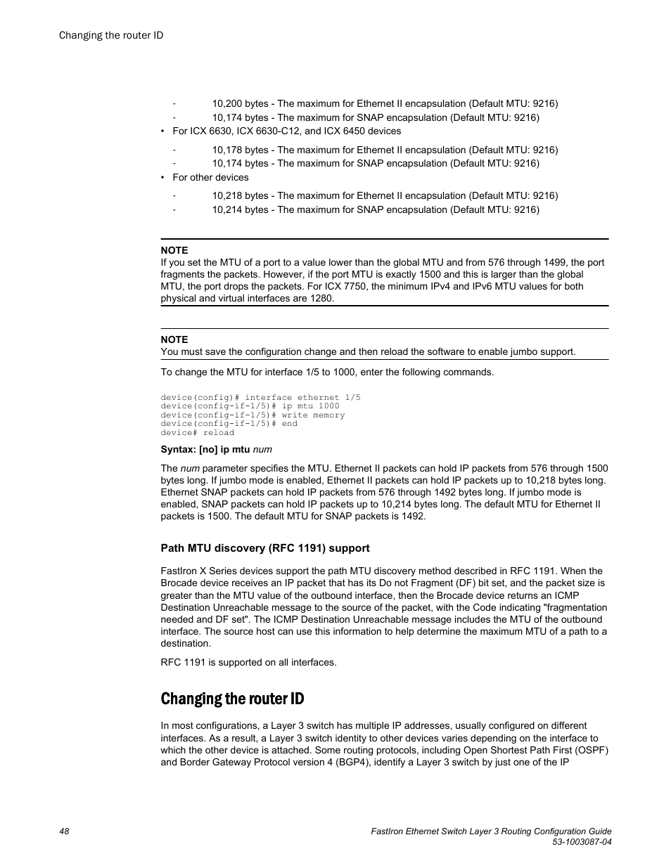 Changing the router id | Brocade FastIron Ethernet Switch Layer 3 Routing Configuration Guide User Manual | Page 48 / 672