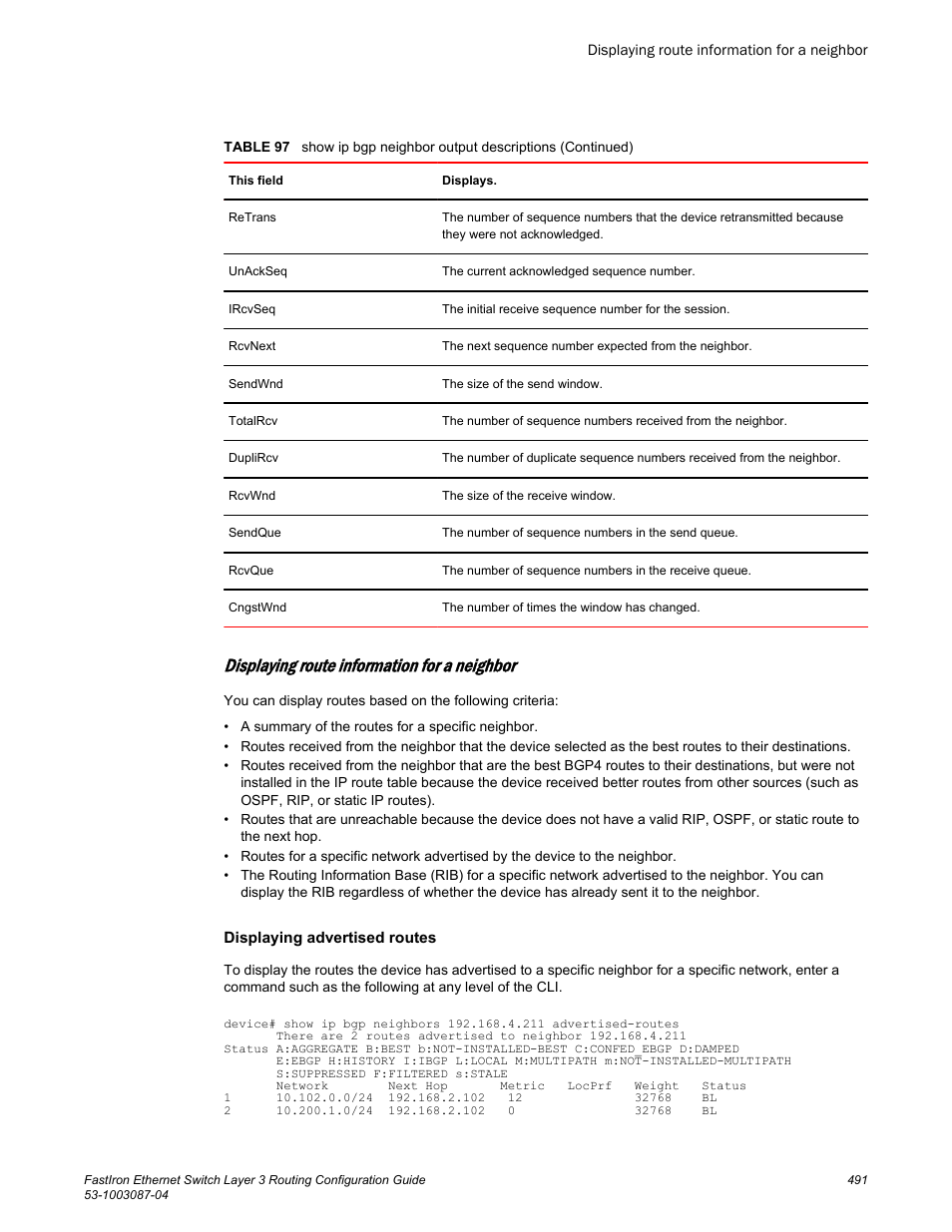 Displaying route information for a neighbor | Brocade FastIron Ethernet Switch Layer 3 Routing Configuration Guide User Manual | Page 491 / 672