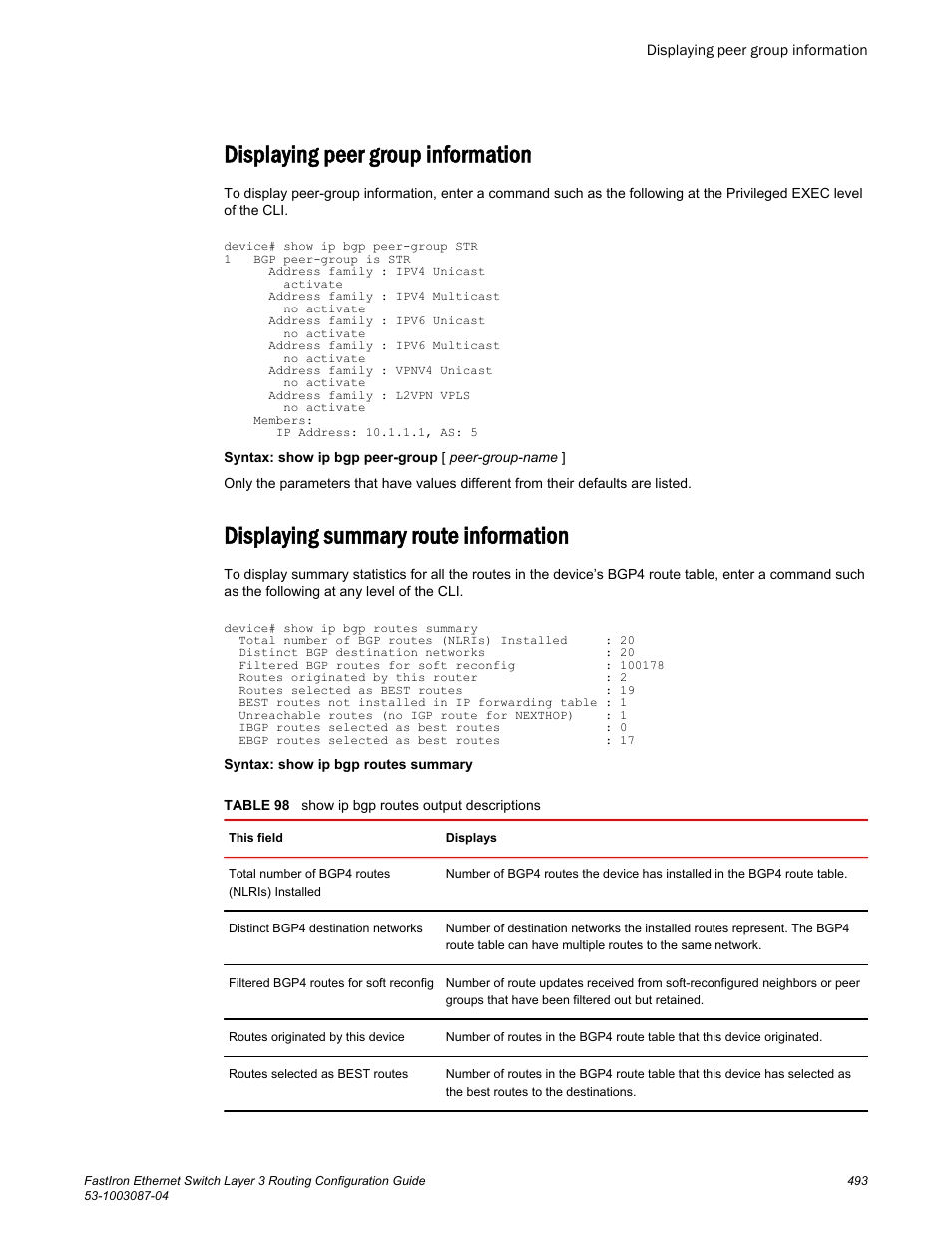 Displaying peer group information, Displaying summary route information | Brocade FastIron Ethernet Switch Layer 3 Routing Configuration Guide User Manual | Page 493 / 672