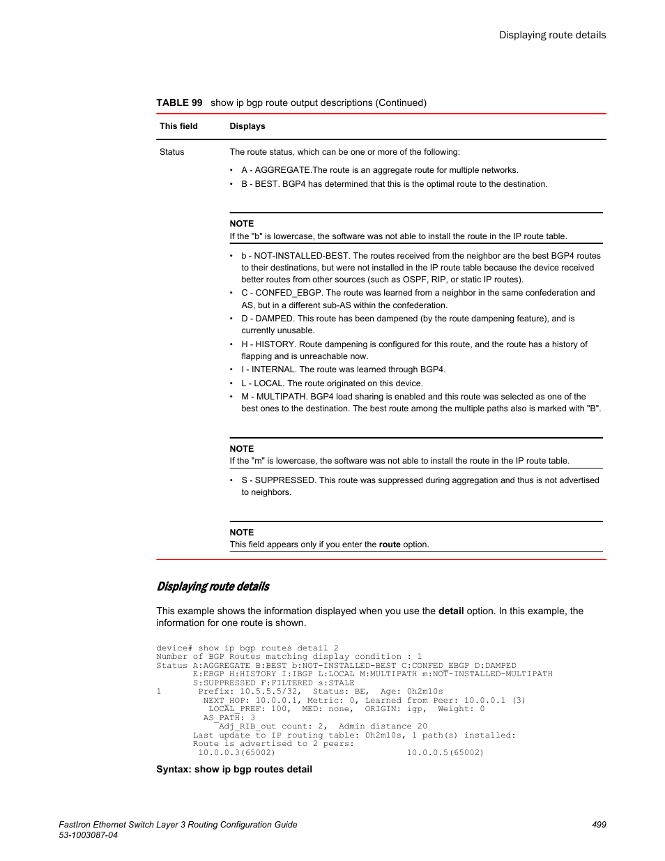 Displaying route details | Brocade FastIron Ethernet Switch Layer 3 Routing Configuration Guide User Manual | Page 499 / 672