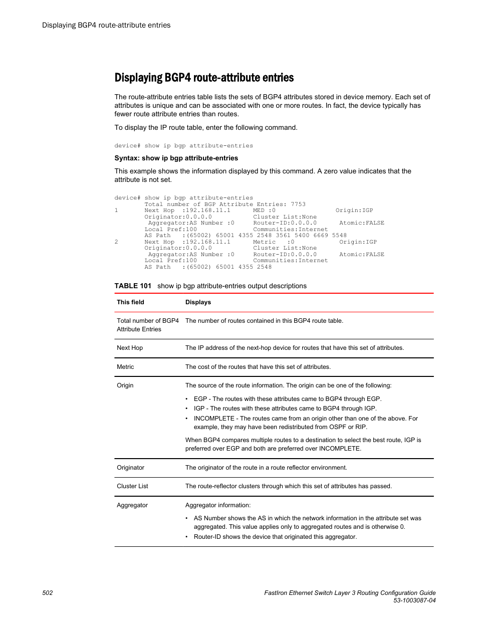 Displaying bgp4 route-attribute entries | Brocade FastIron Ethernet Switch Layer 3 Routing Configuration Guide User Manual | Page 502 / 672