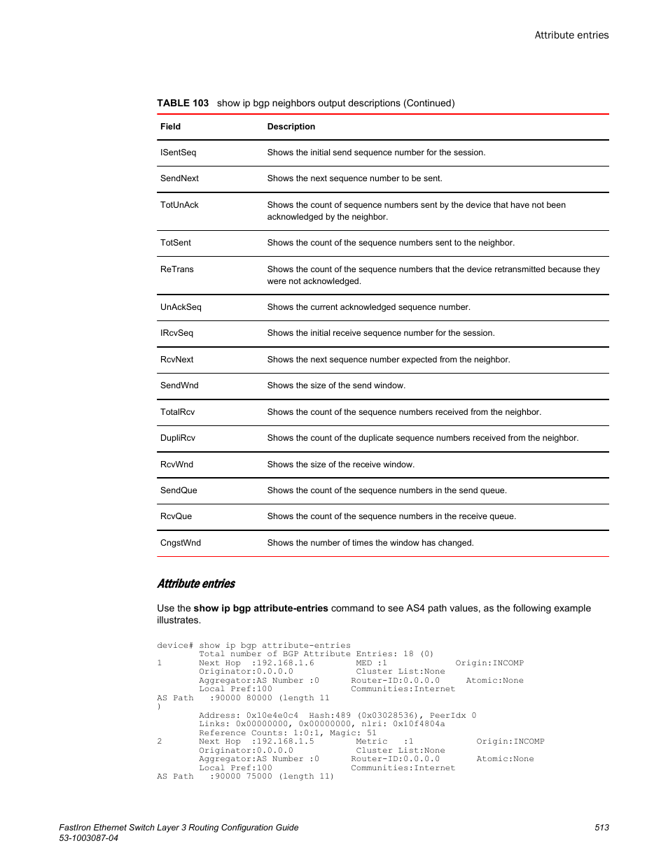 Attribute entries | Brocade FastIron Ethernet Switch Layer 3 Routing Configuration Guide User Manual | Page 513 / 672