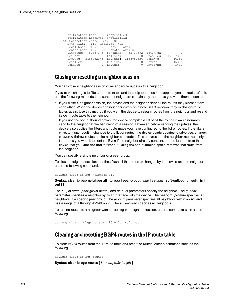 Closing or resetting a neighbor session | Brocade FastIron Ethernet Switch Layer 3 Routing Configuration Guide User Manual | Page 522 / 672