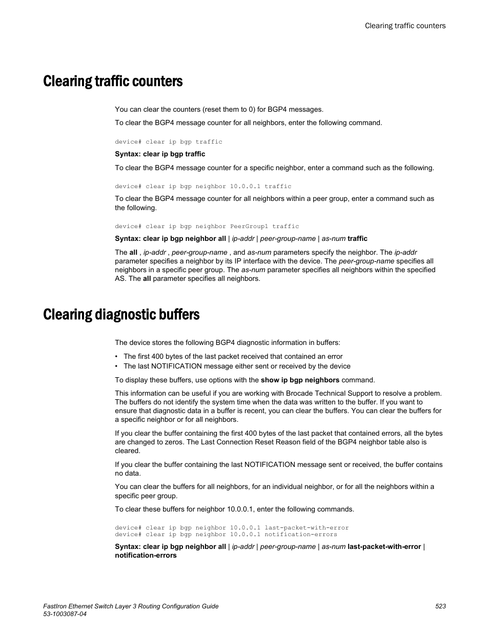 Clearing traffic counters, Clearing diagnostic buffers | Brocade FastIron Ethernet Switch Layer 3 Routing Configuration Guide User Manual | Page 523 / 672