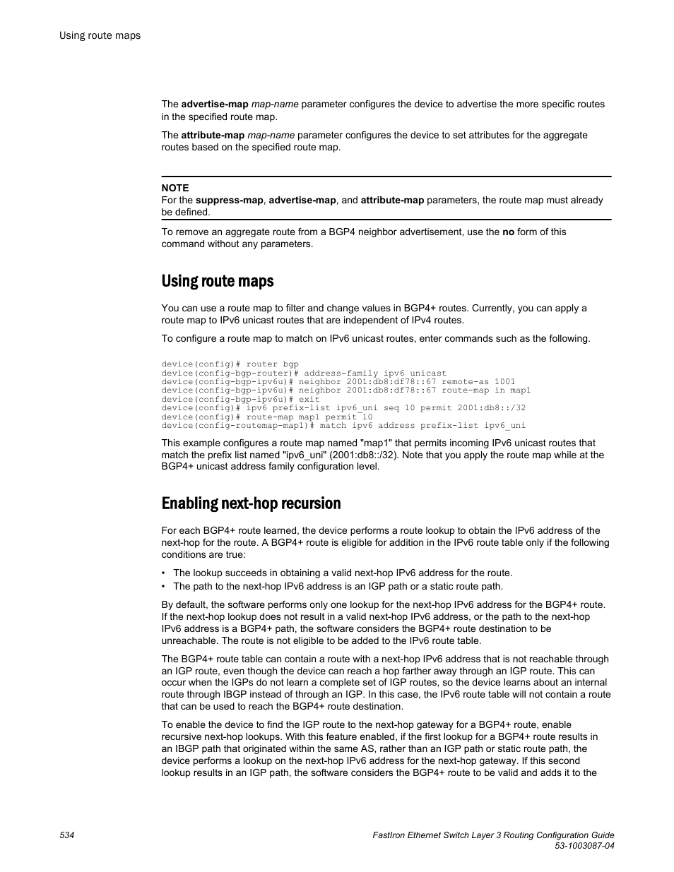 Using route maps, Enabling next-hop recursion, Using route maps enabling next-hop recursion | Brocade FastIron Ethernet Switch Layer 3 Routing Configuration Guide User Manual | Page 534 / 672