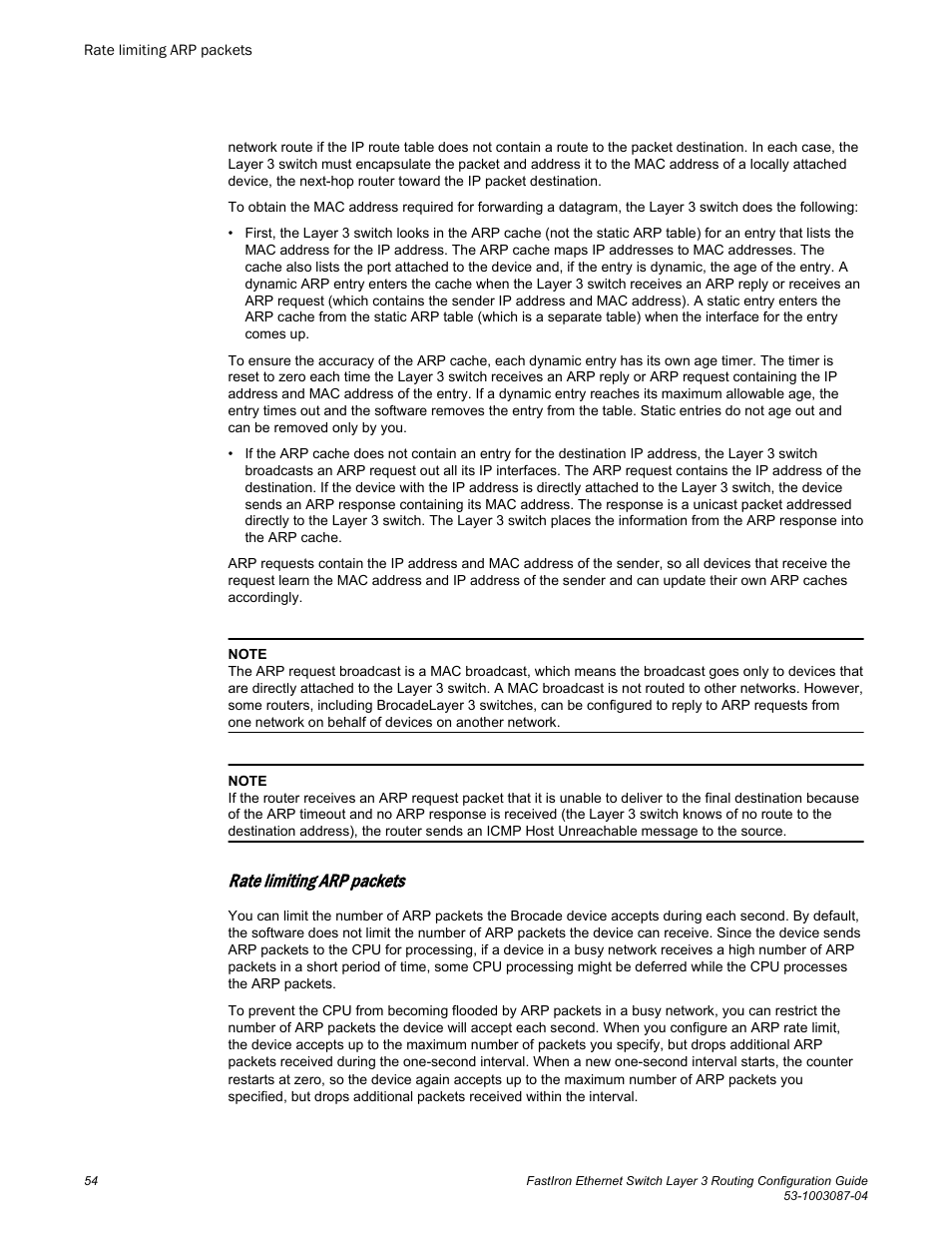 Rate limiting arp packets | Brocade FastIron Ethernet Switch Layer 3 Routing Configuration Guide User Manual | Page 54 / 672