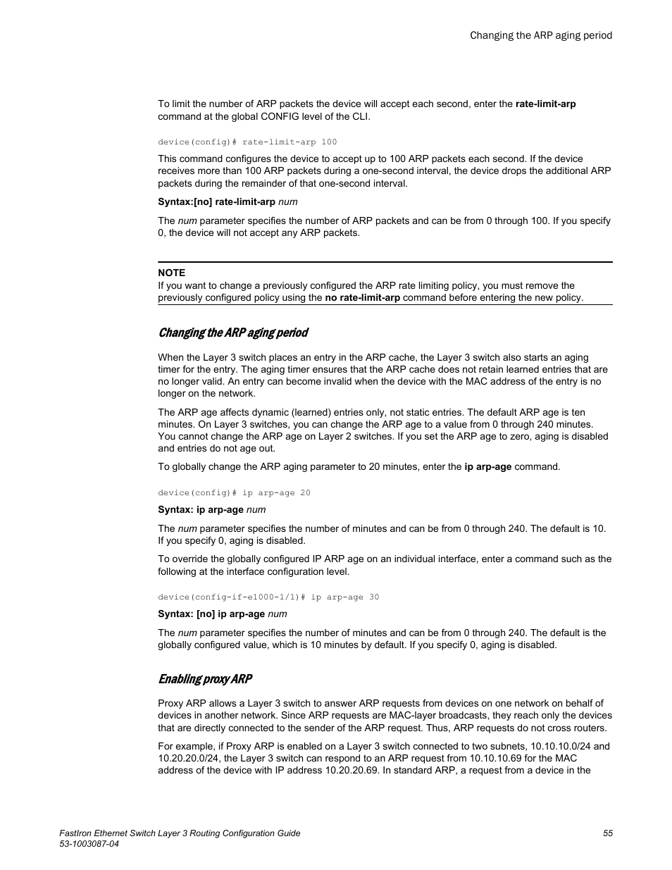 Changing the arp aging period, Enabling proxy arp | Brocade FastIron Ethernet Switch Layer 3 Routing Configuration Guide User Manual | Page 55 / 672