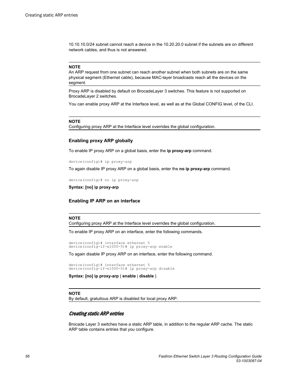 Creating static arp entries | Brocade FastIron Ethernet Switch Layer 3 Routing Configuration Guide User Manual | Page 56 / 672