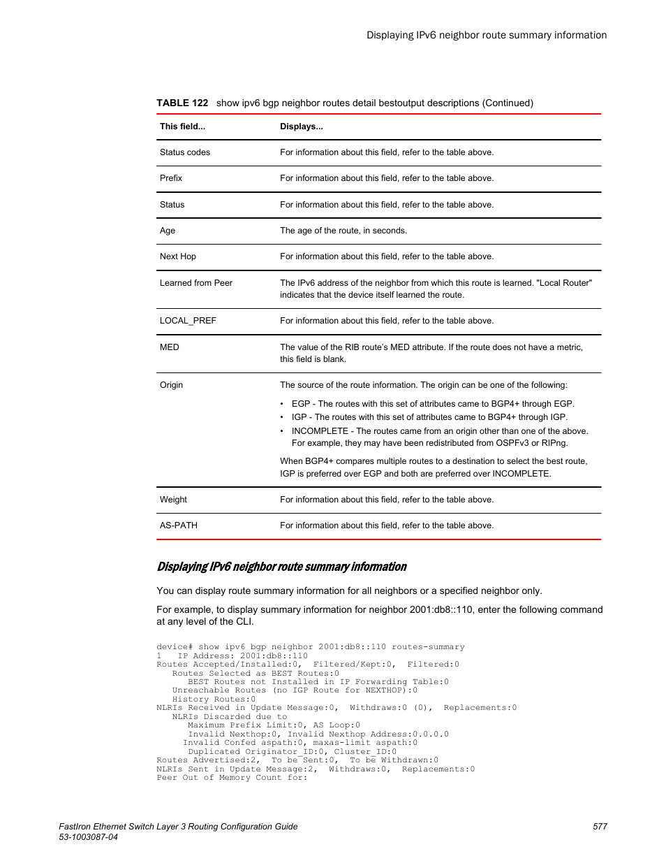 Displaying ipv6 neighbor route summary information | Brocade FastIron Ethernet Switch Layer 3 Routing Configuration Guide User Manual | Page 577 / 672