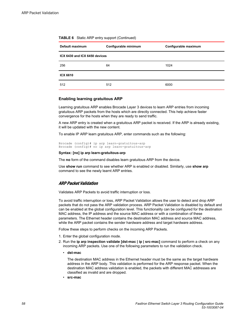 Arp packet validation | Brocade FastIron Ethernet Switch Layer 3 Routing Configuration Guide User Manual | Page 58 / 672