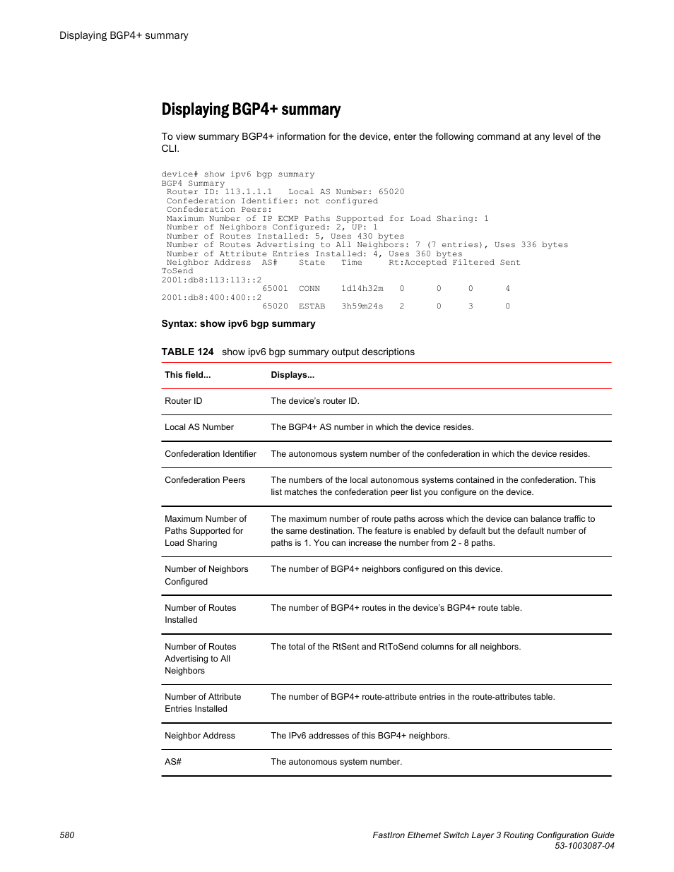 Displaying bgp4+ summary | Brocade FastIron Ethernet Switch Layer 3 Routing Configuration Guide User Manual | Page 580 / 672