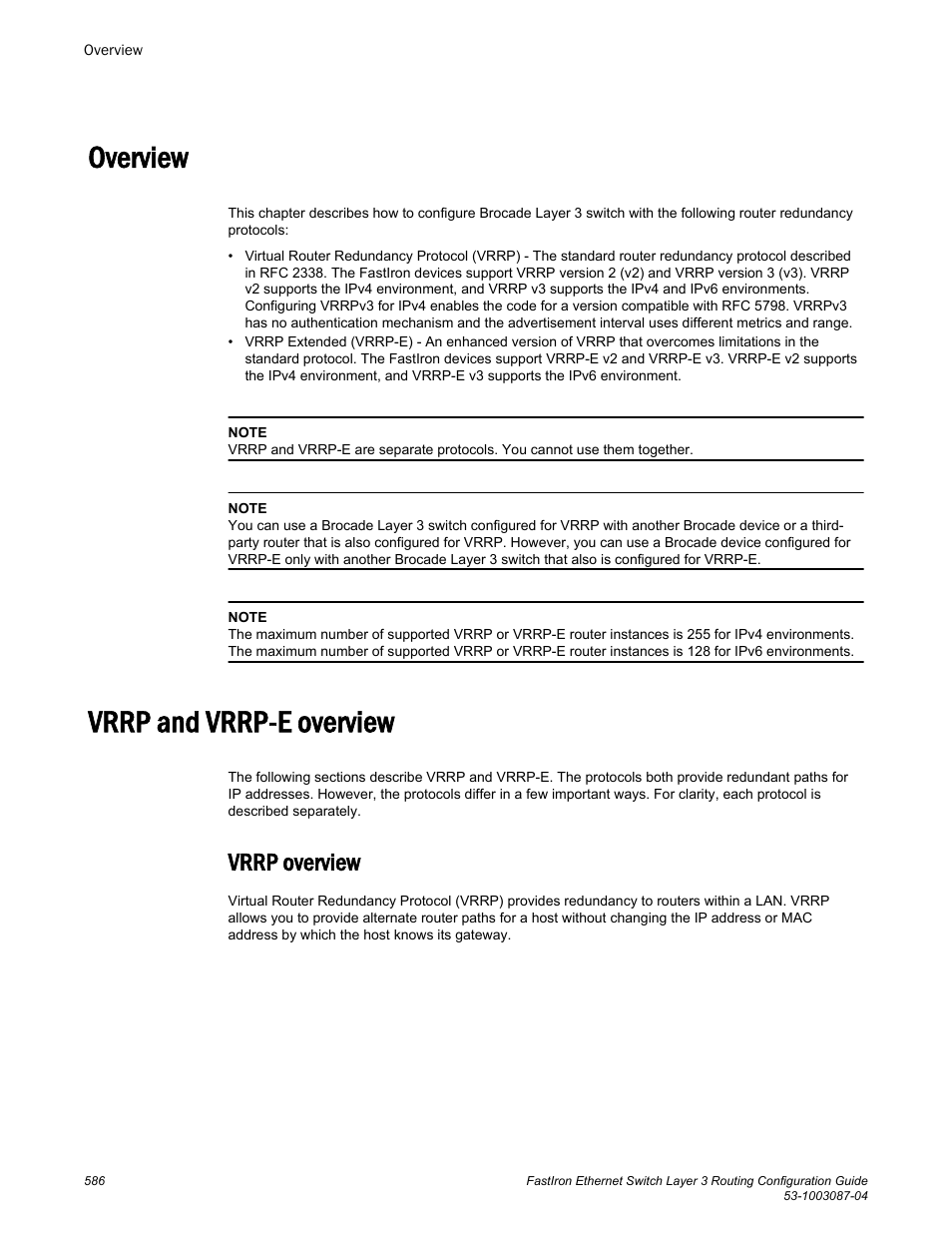 Overview, Vrrp and vrrp-e overview, Vrrp overview | Overview vrrp and vrrp-e overview | Brocade FastIron Ethernet Switch Layer 3 Routing Configuration Guide User Manual | Page 586 / 672