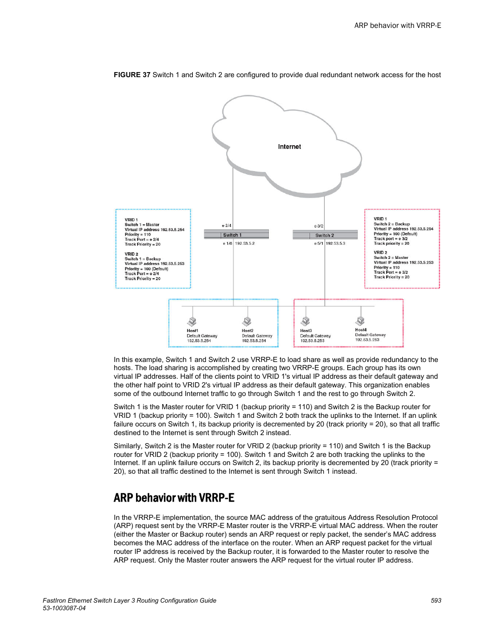 Arp behavior with vrrp-e | Brocade FastIron Ethernet Switch Layer 3 Routing Configuration Guide User Manual | Page 593 / 672