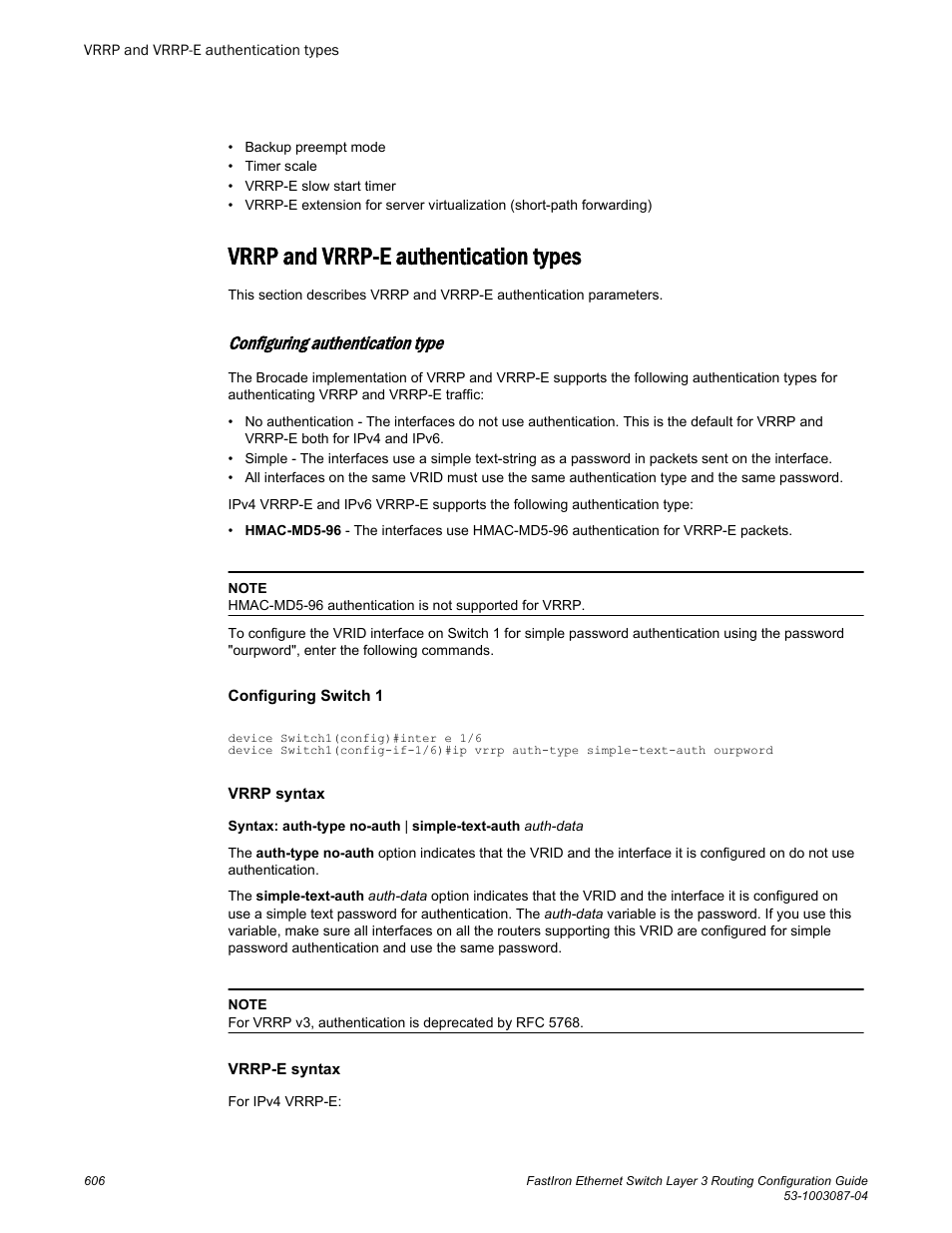 Vrrp and vrrp-e authentication types, Configuring authentication type | Brocade FastIron Ethernet Switch Layer 3 Routing Configuration Guide User Manual | Page 606 / 672