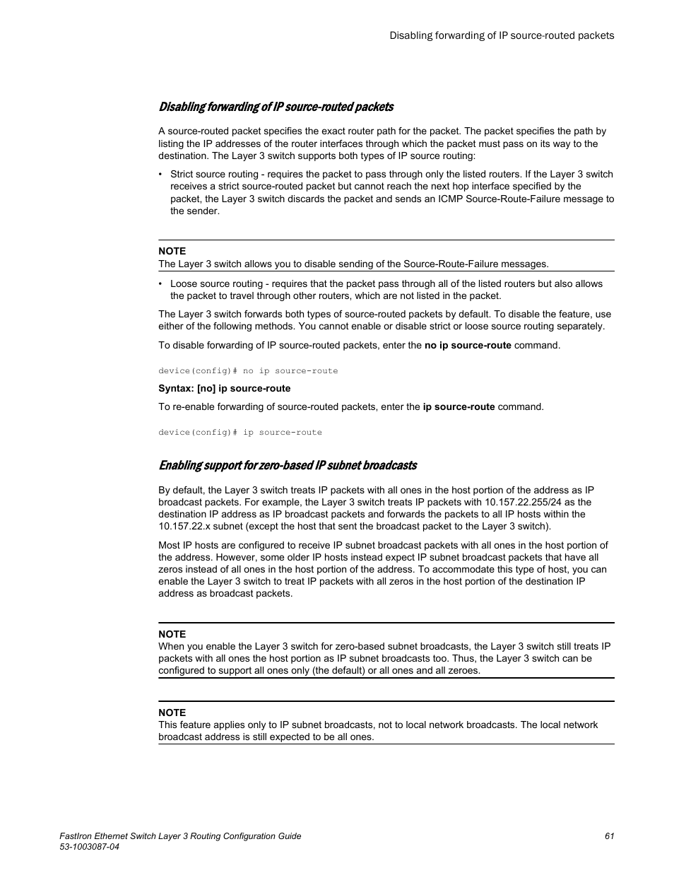 Disabling forwarding of ip source-routed packets | Brocade FastIron Ethernet Switch Layer 3 Routing Configuration Guide User Manual | Page 61 / 672