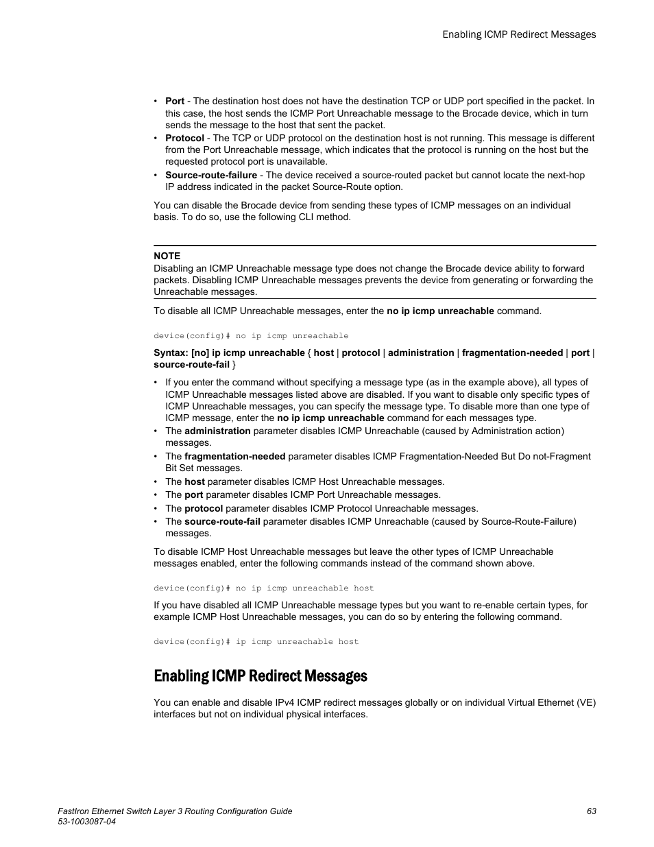 Enabling icmp redirect messages | Brocade FastIron Ethernet Switch Layer 3 Routing Configuration Guide User Manual | Page 63 / 672