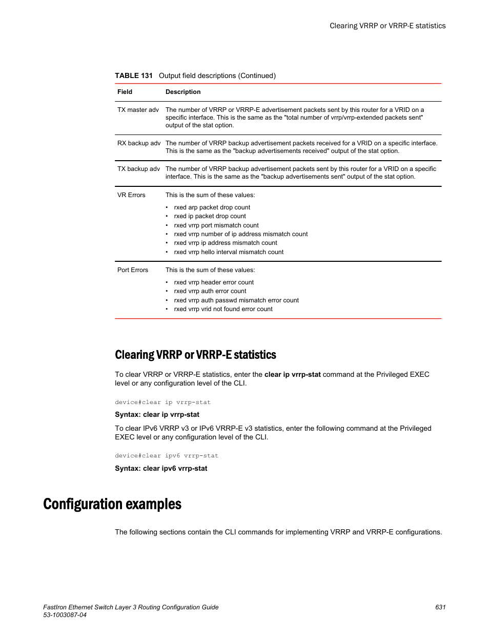 Clearing vrrp or vrrp-e statistics, Configuration examples | Brocade FastIron Ethernet Switch Layer 3 Routing Configuration Guide User Manual | Page 631 / 672