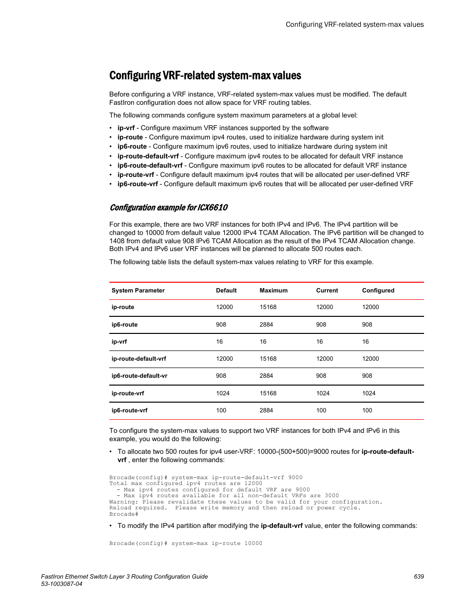 Configuring vrf-related system-max values, Configuration example for icx6610 | Brocade FastIron Ethernet Switch Layer 3 Routing Configuration Guide User Manual | Page 639 / 672