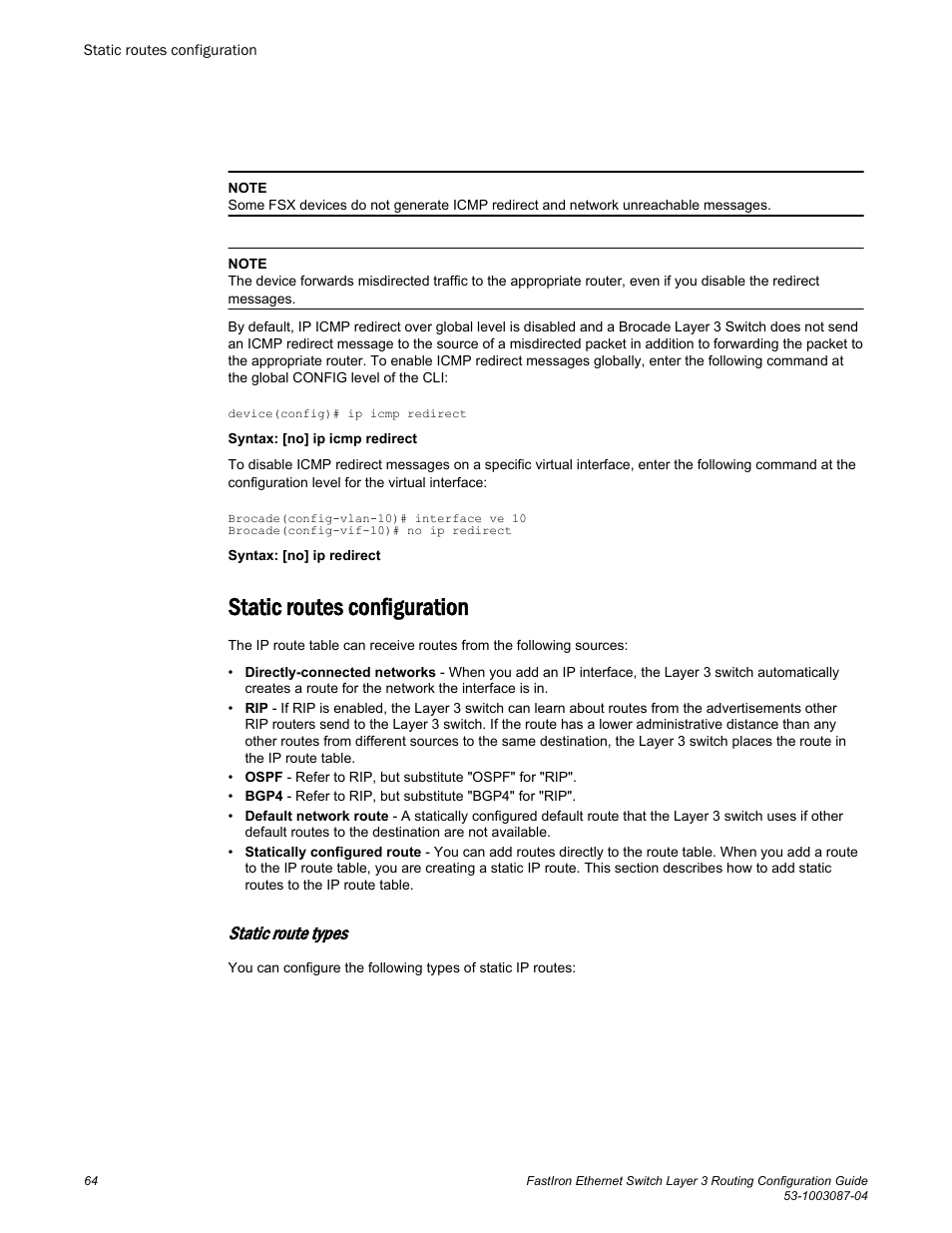 Static routes configuration, Static route types | Brocade FastIron Ethernet Switch Layer 3 Routing Configuration Guide User Manual | Page 64 / 672