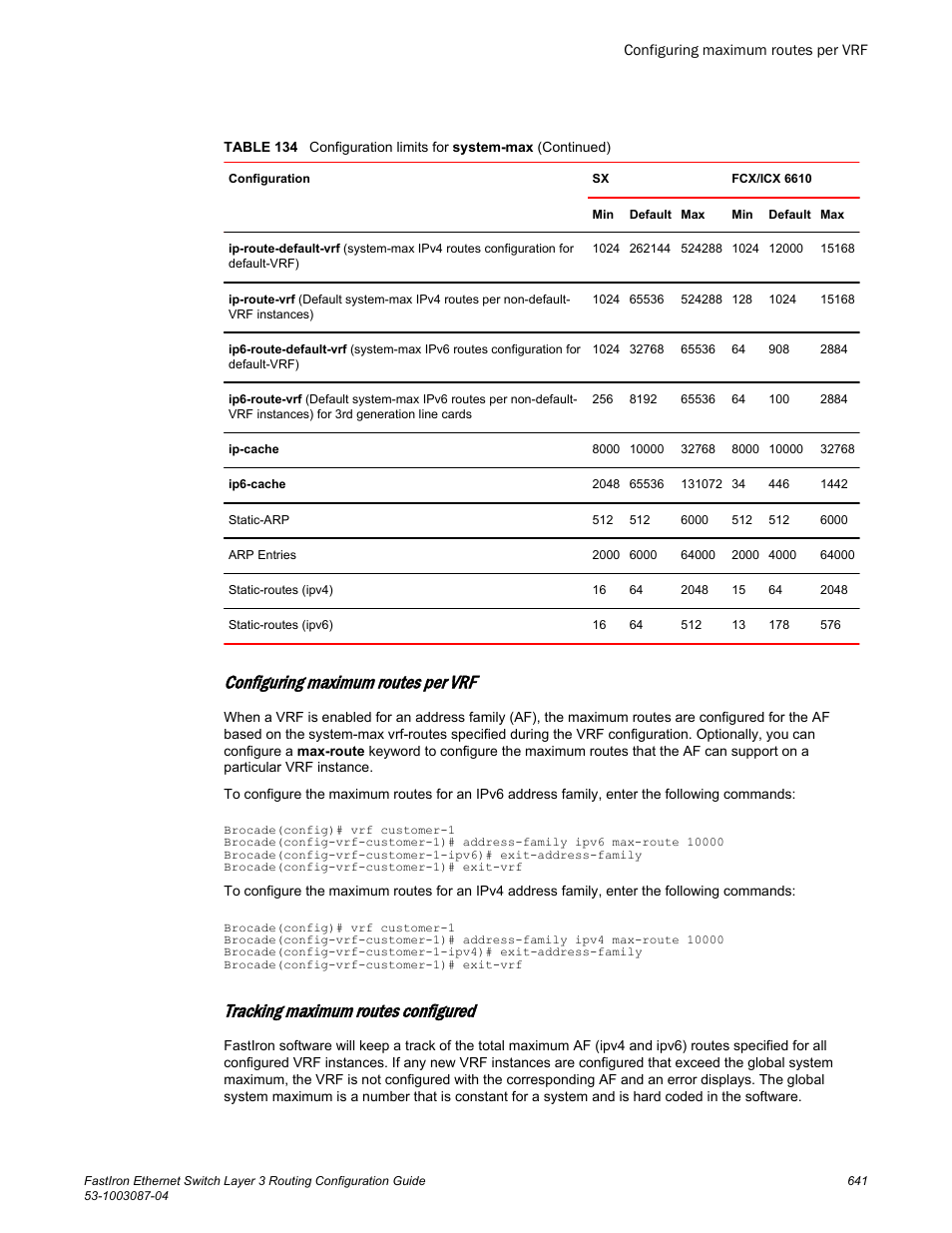 Configuring maximum routes per vrf, Tracking maximum routes configured | Brocade FastIron Ethernet Switch Layer 3 Routing Configuration Guide User Manual | Page 641 / 672