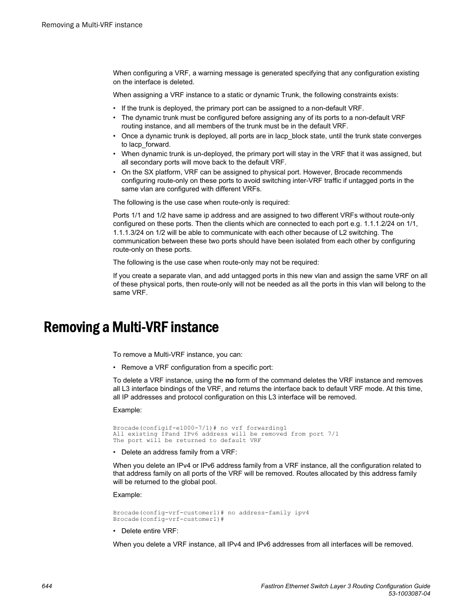 Removing a multi-vrf instance | Brocade FastIron Ethernet Switch Layer 3 Routing Configuration Guide User Manual | Page 644 / 672