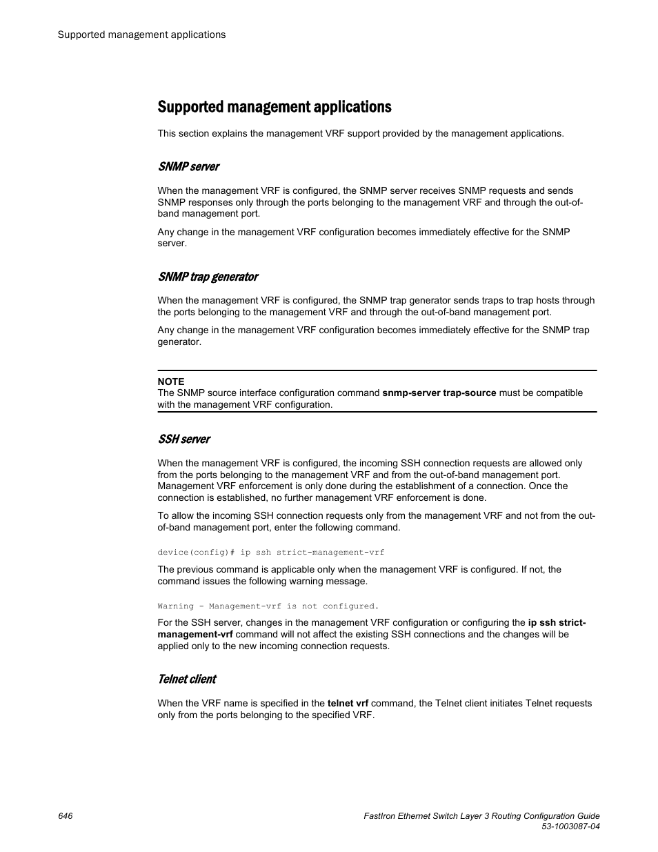 Supported management applications, Snmp server, Snmp trap generator | Ssh server, Telnet client | Brocade FastIron Ethernet Switch Layer 3 Routing Configuration Guide User Manual | Page 646 / 672