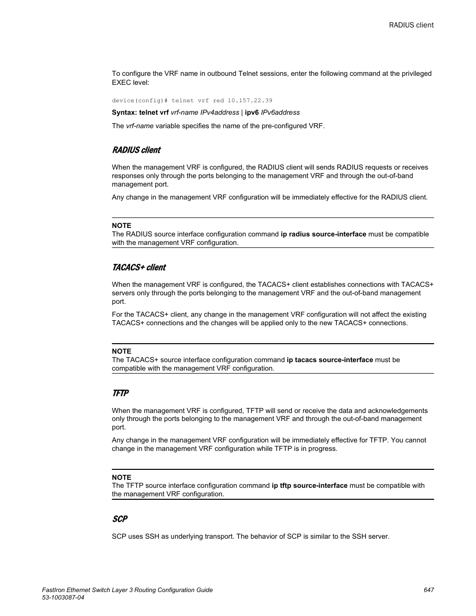 Radius client, Tacacs+ client, Tftp | Brocade FastIron Ethernet Switch Layer 3 Routing Configuration Guide User Manual | Page 647 / 672