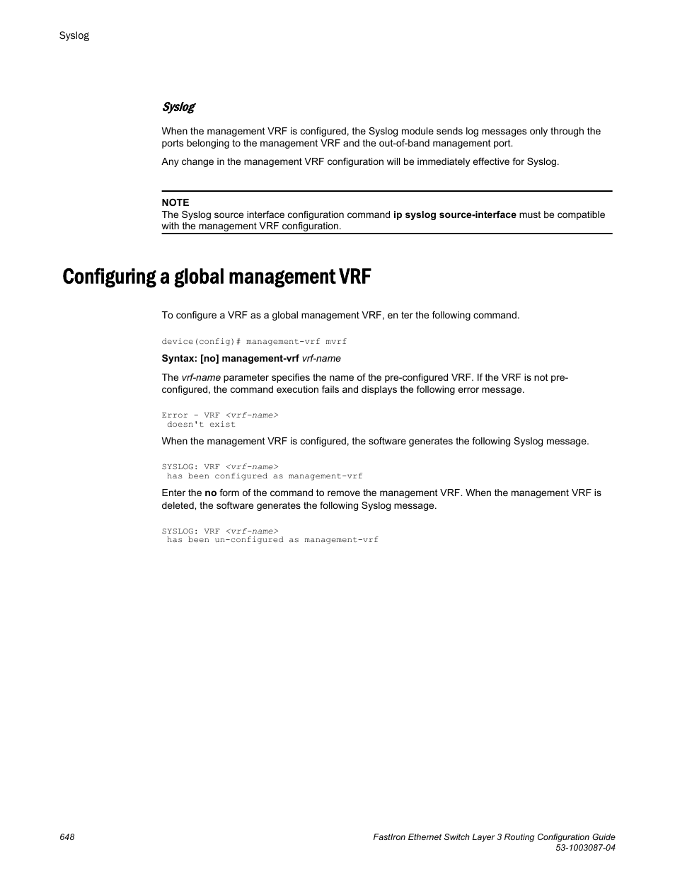 Syslog, Configuring a global management vrf | Brocade FastIron Ethernet Switch Layer 3 Routing Configuration Guide User Manual | Page 648 / 672