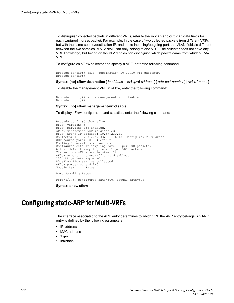 Configuring static-arp for multi-vrfs | Brocade FastIron Ethernet Switch Layer 3 Routing Configuration Guide User Manual | Page 652 / 672