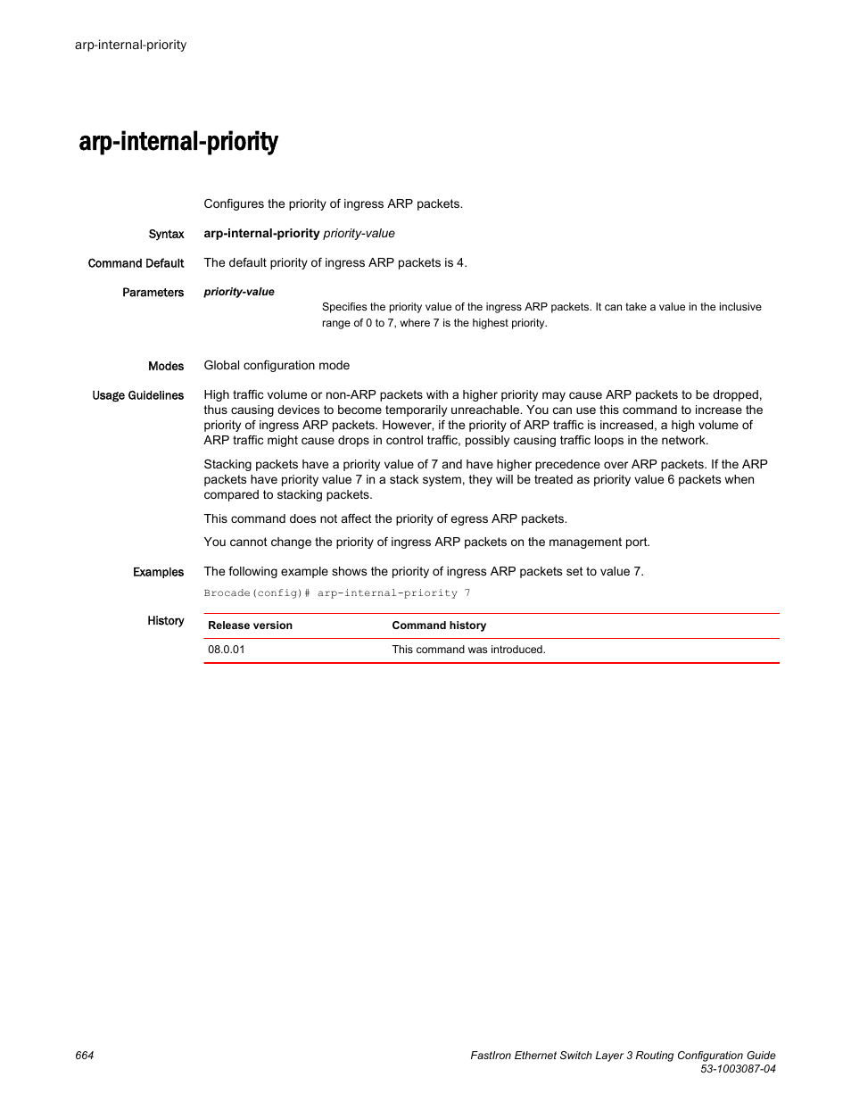 Arp-internal-priority | Brocade FastIron Ethernet Switch Layer 3 Routing Configuration Guide User Manual | Page 664 / 672