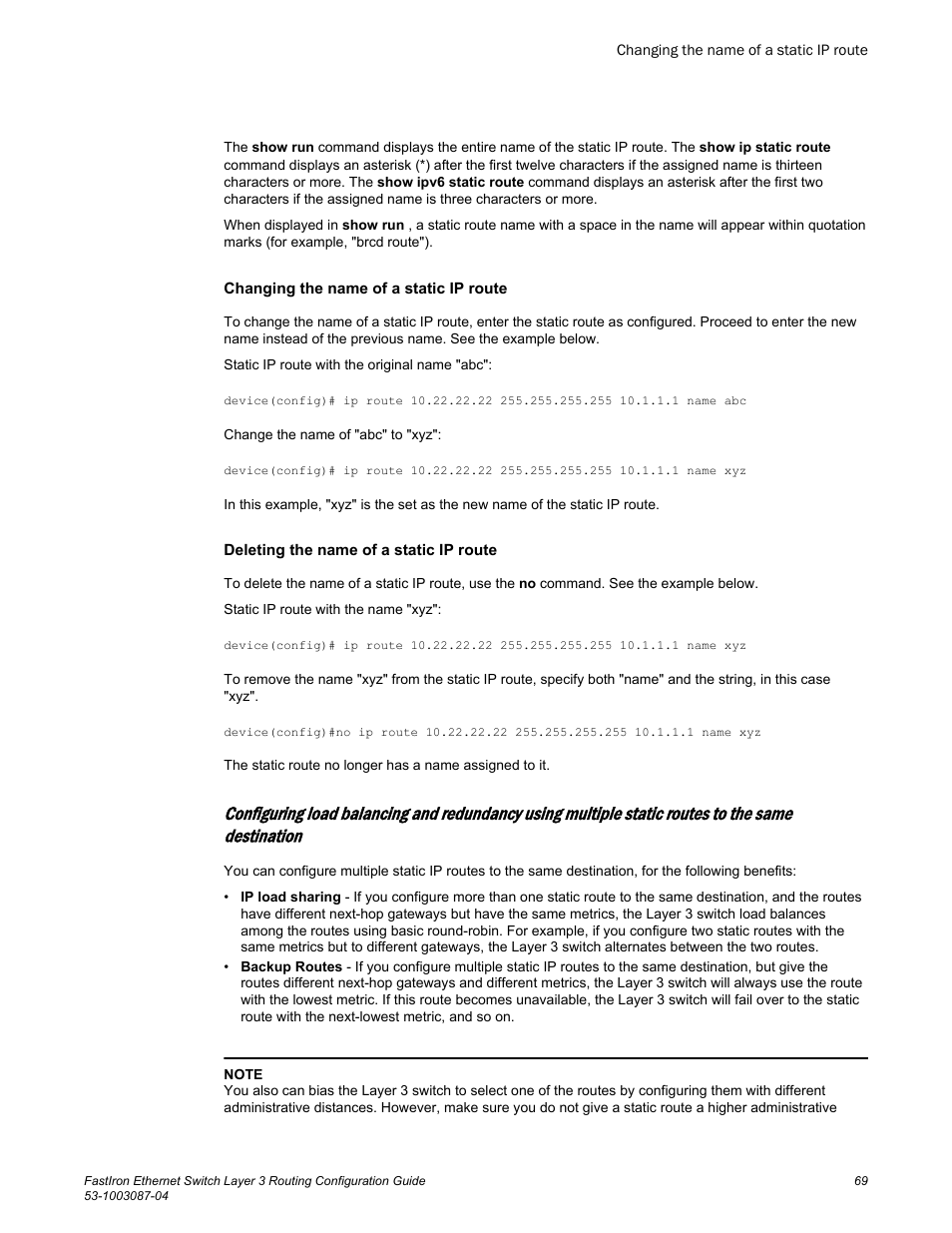 Changing the name of a static ip route, Deleting the name of a static ip route | Brocade FastIron Ethernet Switch Layer 3 Routing Configuration Guide User Manual | Page 69 / 672