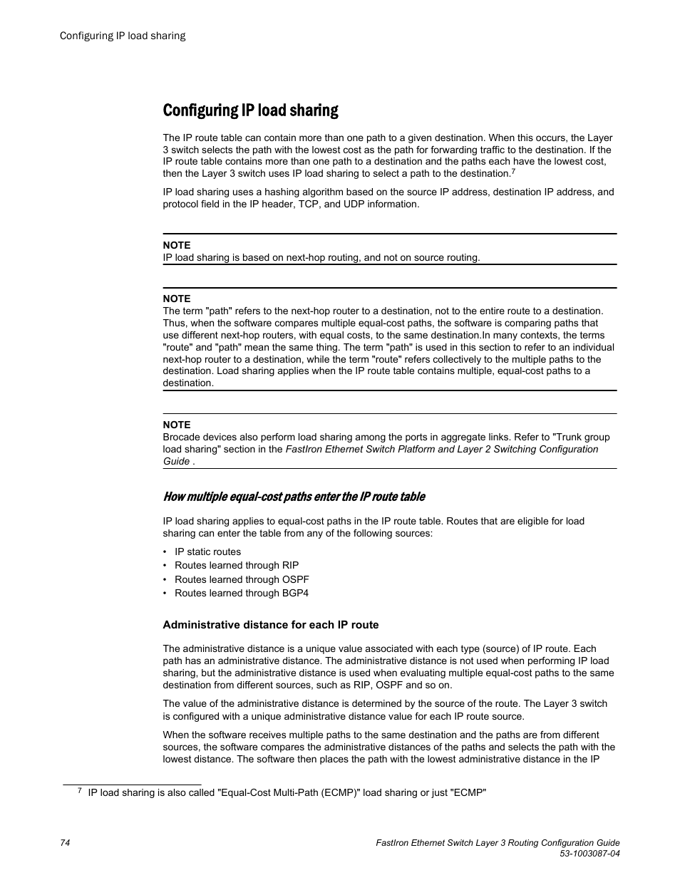 Configuring ip load sharing | Brocade FastIron Ethernet Switch Layer 3 Routing Configuration Guide User Manual | Page 74 / 672