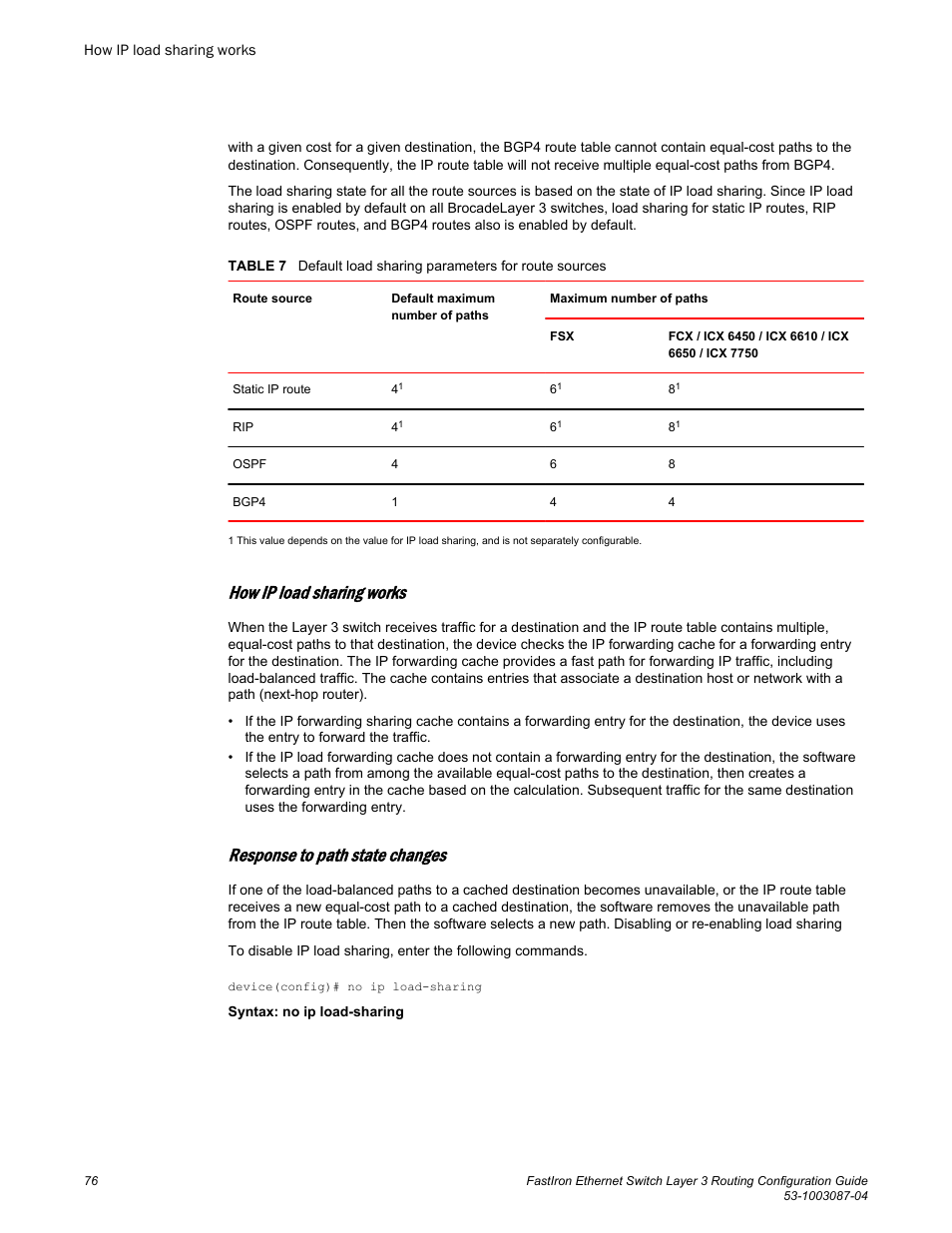 How ip load sharing works, Response to path state changes | Brocade FastIron Ethernet Switch Layer 3 Routing Configuration Guide User Manual | Page 76 / 672